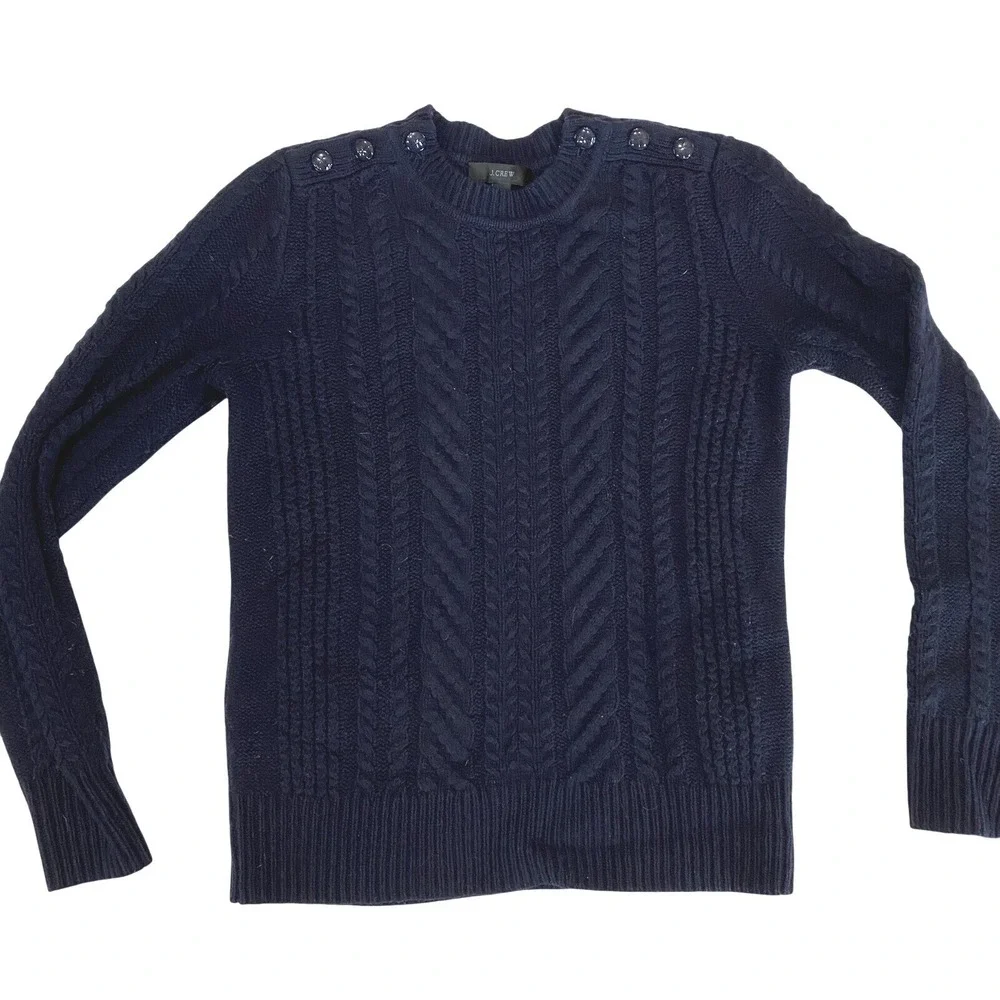 J. Crew Navy Blue Cable Knit Fisherman Sweater 100% Wool Womens Size‎ XXS